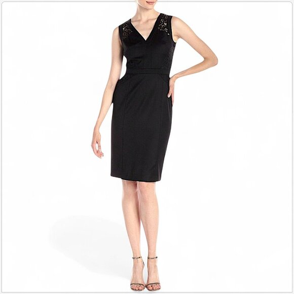 Anne Klein Black Lace Trim V-Neck Sheath Tank Dress Evening Cocktail Fitted 4 - Picture 1 of 5